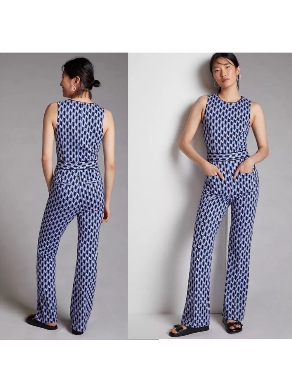 Anthropologie Maeve Jumpsuit geometric ponte knit wide-leg Retro Blue Smallā